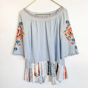 John Mark Boho Embroidered Peasant Top S Blue Off Shoulder Patchwork Ruffle Hem